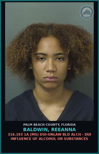 CCW arrest card for BALDWIN, REEANNA in Palm Beach County: 316.193 1A (MS) DUI-UNLAW BLD ALCH - DUI INFLUENCE OF ALCOHOL OR DRUGS