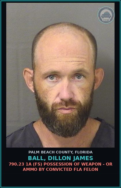 CCW arrest card for BALL, DILLON JAMES in Palm Beach County: 790.23 1A (FS) POSSESSION OF WEAPON - OR AMMO BY CONVICTED FLA FELON