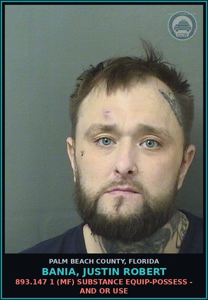 CCW arrest card for BANIA, JUSTIN ROBERT in Palm Beach County: 893.13 6A (FT) DRUGS-POSSESS - POSSESS contr substance W/O PRESCRIPTION