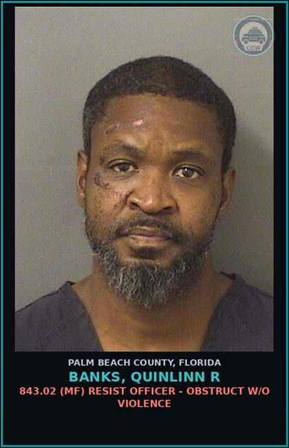 CCW arrest card for BANKS, QUINLINN R in Palm Beach County: 843.02 (MF) RESIST OFFICER - OBSTRUCT W/O VIOLENCE