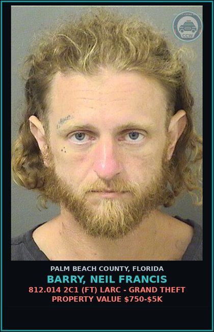 CCW arrest card for BARRY, NEIL FRANCIS in Palm Beach County: 812.014 2C1 (FT) LARC - GRAND THEFT PROPERTY VALUE $750-$5K