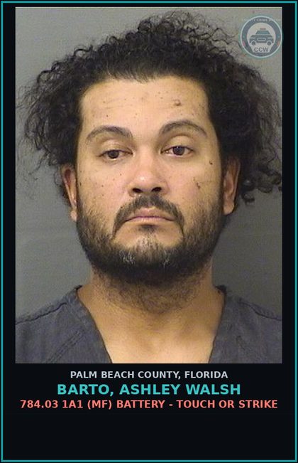 CCW arrest card for BARTO, ASHLEY WALSH in Palm Beach County: 784.03 1A1 (MF) BATTERY - TOUCH OR STRIKE