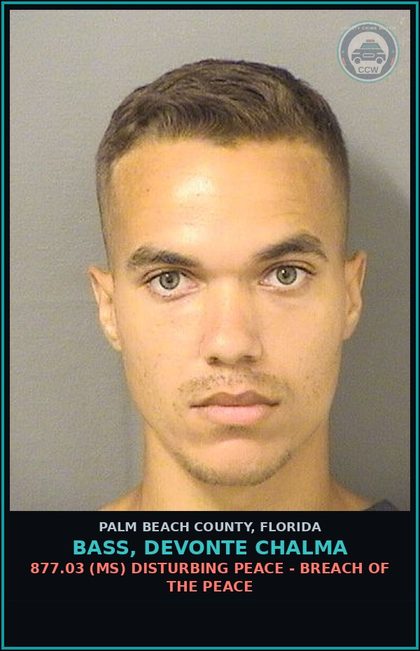 CCW arrest card for BASS, DEVONTE CHALMA in Palm Beach County: 877.03 (MS) DISTURBING PEACE - BREACH OF THE PEACE