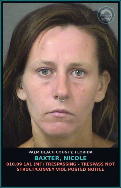 CCW arrest card for BAXTER, NICOLE in Palm Beach County: 810.09 1A1 (MF) TRESPASSING - TRESPASS NOT STRUCT/CONVEY VIOL POSTED NOTICE