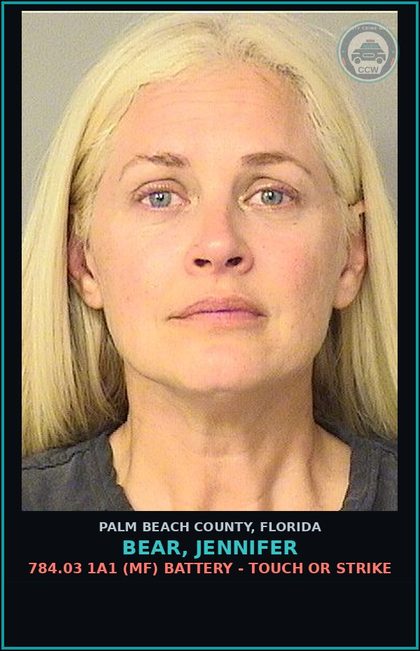 CCW arrest card for BEAR, JENNIFER in Palm Beach County: 784.03 1A1 (MF) BATTERY - TOUCH OR STRIKE