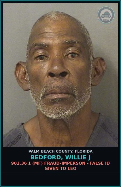 CCW arrest card for BEDFORD, WILLIE J in Palm Beach County: 893.147 1 (MF) DRUG EQUIP-POSSESS - AND OR USE