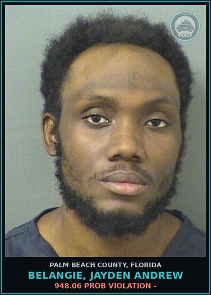 CCW arrest card for BELANGIE, JAYDEN ANDREW in Palm Beach County: 948.06 PROB VIOLATION -