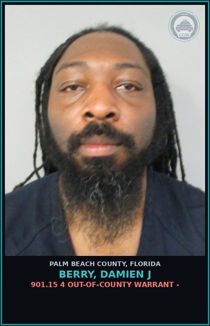 CCW arrest card for BERRY, DAMIEN J in Palm Beach County: 901.15 4 OUT-OF-COUNTY WARRANT -