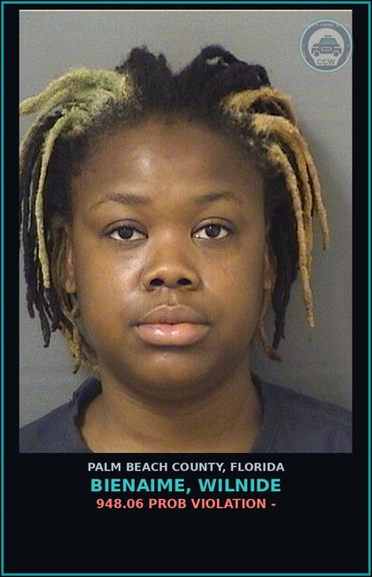 CCW arrest card for BIENAIME, WILNIDE in Palm Beach County: 948.06 PROB VIOLATION -