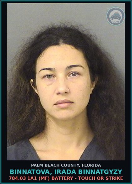 CCW arrest card for BINNATOVA, IRADA BINNATGYZY in Palm Beach County: 784.03 1A1 (MF) BATTERY - TOUCH OR STRIKE