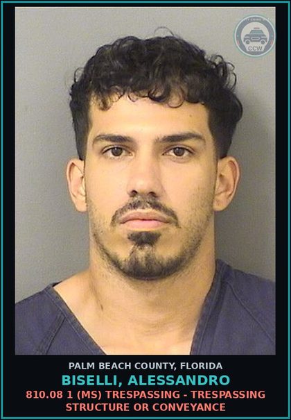 CCW arrest card for BISELLI, ALESSANDRO in Palm Beach County: 810.08 1 (MS) TRESPASSING - TRESPASSING STRUCTURE OR CONVEYANCE