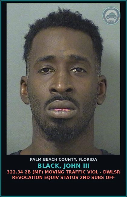 CCW arrest card for BLACK, JOHN III in Palm Beach County: 316.1935 2 (FT) FLEE/ELUDE POLICE - FLEE ELUDE LEO WITH LIGHTS SIREN ACTIVE