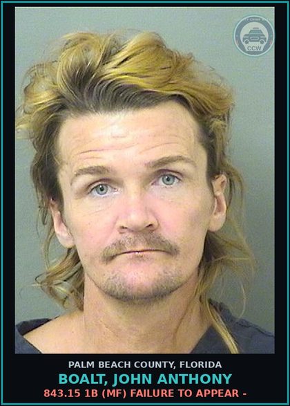 CCW arrest card for BOALT, JOHN ANTHONY in Palm Beach County: 843.15 1B (MF) FAILURE TO APPEAR -