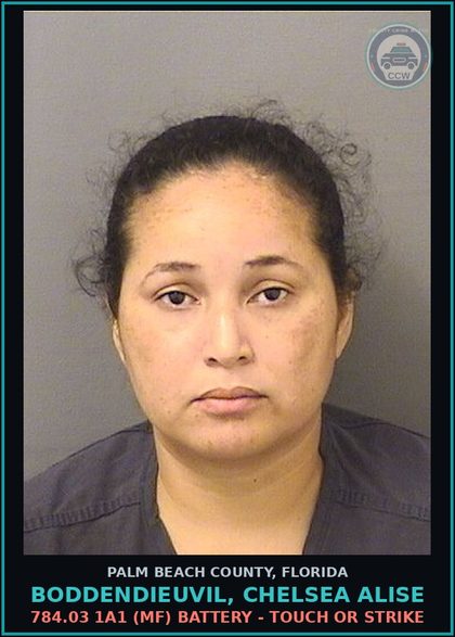 CCW arrest card for BODDENDIEUVIL, CHELSEA ALISE in Palm Beach County: 784.03 1A1 (MF) BATTERY - TOUCH OR STRIKE