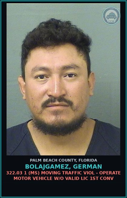CCW arrest card for BOLAJGAMEZ, GERMAN in Palm Beach County: 322.03 1 (MS) MOVING TRAFFIC VIOL - OPERATE MOTOR VEHICLE W/O VALID LIC 1ST CONV