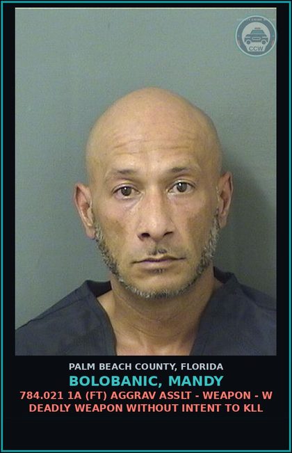 CCW arrest card for BOLOBANIC, MANDY in Palm Beach County: 784.021 1A (FT) AGGRAV ASSLT - WEAPON - W DEADLY WEAPON WITHOUT INTENT TO KILL