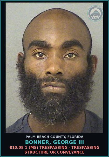 CCW arrest card for BONNER, GEORGE III in Palm Beach County: 810.08 1 (MS) TRESPASSING - TRESPASSING STRUCTURE OR CONVEYANCE