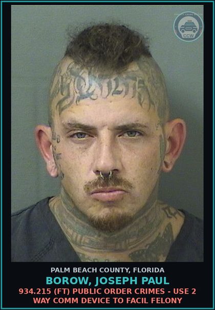 CCW arrest card for BOROW, JOSEPH PAUL in Palm Beach County: 784.048 3 (FT) AGGRAV STALKING - FOLLOW HARASS CYBERSTALK CRED THREAT TO PERSON