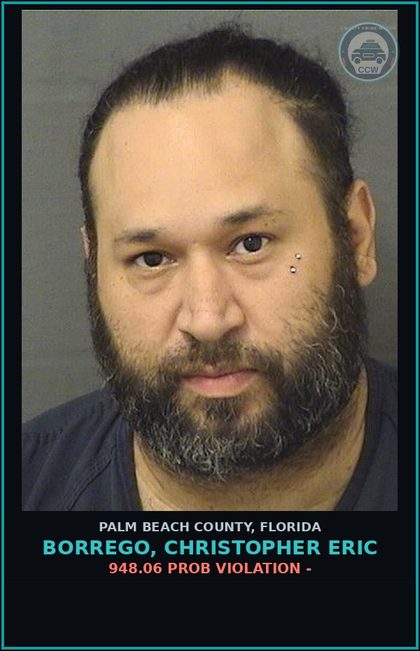 CCW arrest card for BORREGO, CHRISTOPHER ERIC in Palm Beach County: 948.06 PROB VIOLATION -