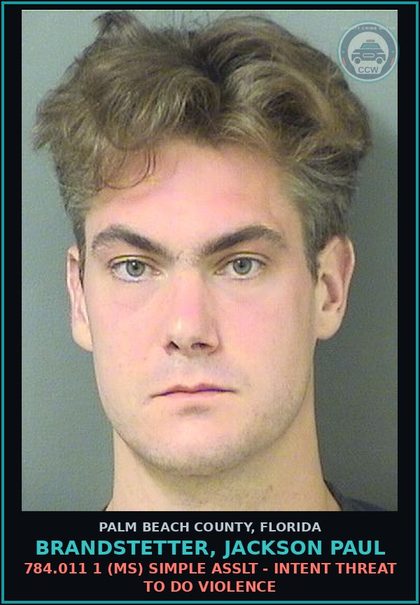 CCW arrest card for BRANDSTETTER, JACKSON PAUL in Palm Beach County: 784.011 1 (MS) SIMPLE ASSLT - INTENT THREAT TO DO VIOLENCE