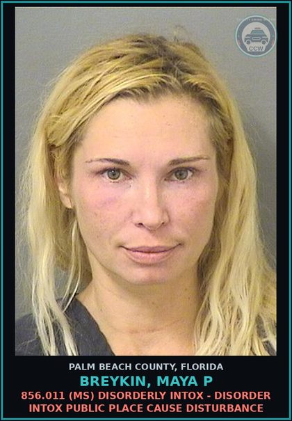 CCW arrest card for BREYKIN, MAYA P in Palm Beach County: 856.011 (MS) DISORDERLY INTOX - DISORDER INTOX PUBLIC PLACE CAUSE DISTURBANCE