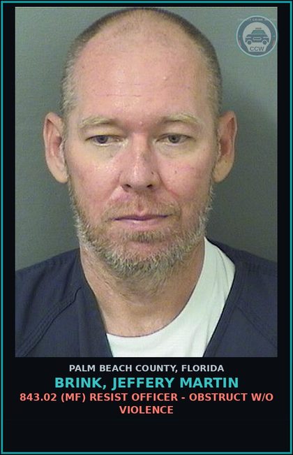 CCW arrest card for BRINK, JEFFERY MARTIN in Palm Beach County: 843.02 (MF) RESIST OFFICER - OBSTRUCT W/O VIOLENCE