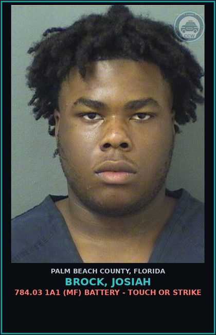 CCW arrest card for BROCK, JOSIAH in Palm Beach County: 784.03 1A1 (MF) BATTERY - TOUCH OR STRIKE