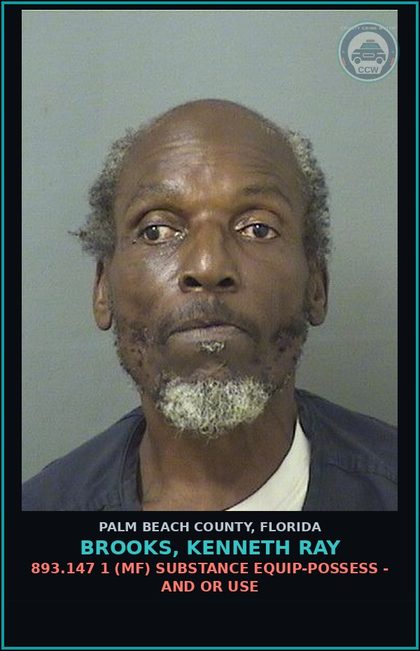 CCW arrest card for BROOKS, KENNETH RAY in Palm Beach County: 893.147 1 (MF) DRUG EQUIP-POSSESS - AND OR USE