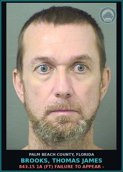 CCW arrest card for BROOKS, THOMAS JAMES in Palm Beach County: 843.15 1A (FT) FAILURE TO APPEAR -