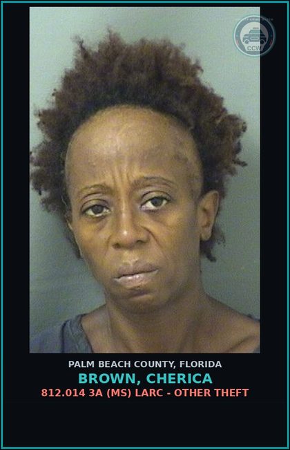 CCW arrest card for BROWN, CHERICA in Palm Beach County: 812.014 3A (MS) LARC - OTHER THEFT