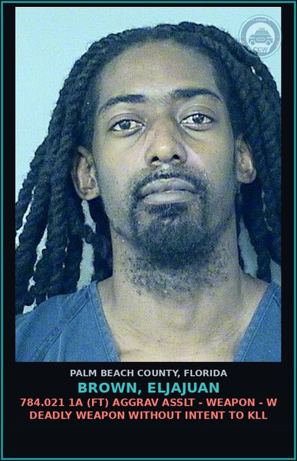 CCW arrest card for BROWN, ELJAJUAN in Palm Beach County: 784.021 1A (FT) AGGRAV ASSLT - WEAPON - W DEADLY WEAPON WITHOUT INTENT TO KILL