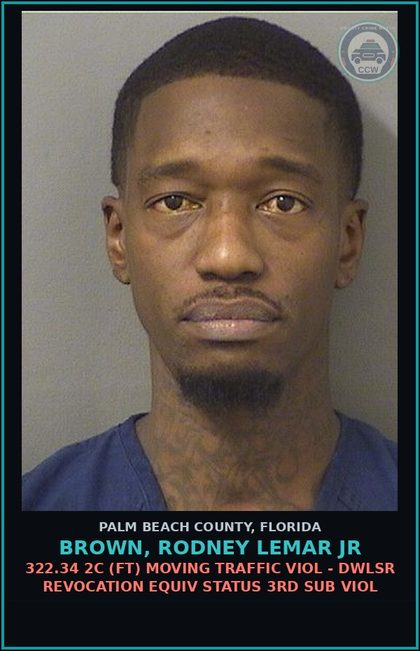CCW arrest card for BROWN, RODNEY LEMAR Jr in Palm Beach County: 322.34 2C (FT) MOVING TRAFFIC VIOL - DWLSR REVOCATION EQUIV STATUS 3RD SUB VIOL