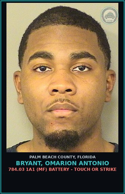 CCW arrest card for BRYANT, OMARION ANTONIO in Palm Beach County: 784.03 1A1 (MF) BATTERY - TOUCH OR STRIKE