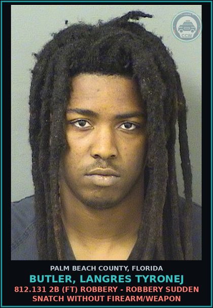 CCW arrest card for BUTLER, LANGRES TYRONEJ in Palm Beach County: 784.03 1A1 (MF) BATTERY - TOUCH OR STRIKE