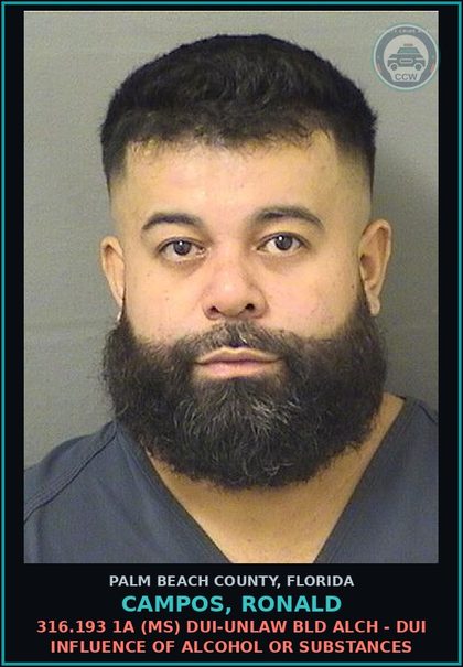 CCW arrest card for CAMPOS, RONALD in Palm Beach County: 316.193 1A (MS) DUI-UNLAW BLD ALCH - DUI INFLUENCE OF ALCOHOL OR DRUGS