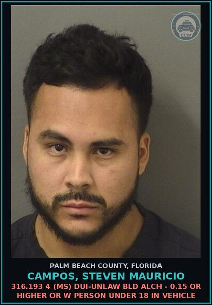 CCW arrest card for CAMPOS, STEVEN MAURICIO in Palm Beach County: 316.193 4 (MS) DUI-UNLAW BLD ALCH - 0.15 OR HIGHER OR W PERSON UNDER 18 IN VEHICLE