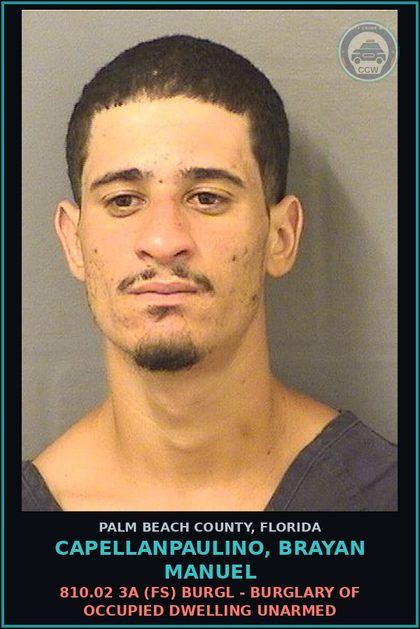 CCW arrest card for CAPELLANPAULINO, BRAYAN MANUEL in Palm Beach County: 810.02 3A (FS) BURGL - BURGLARY OF OCCUPIED DWELLING UNARMED
