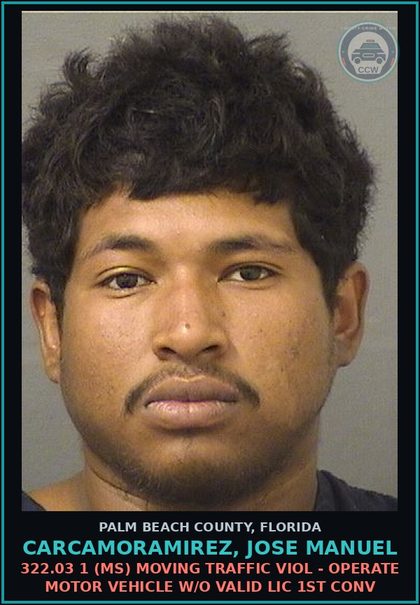 CCW arrest card for CARCAMORAMIREZ, JOSE MANUEL in Palm Beach County: 322.03 1 (MS) MOVING TRAFFIC VIOL - OPERATE MOTOR VEHICLE W/O VALID LIC 1ST CONV