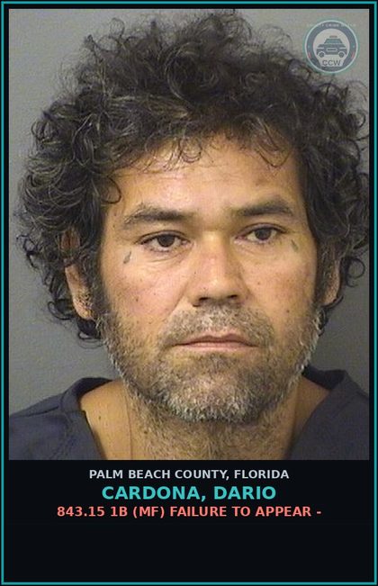 CCW arrest card for CARDONA, DARIO in Palm Beach County: 843.15 1B (MF) FAILURE TO APPEAR -