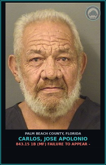 CCW arrest card for CARLOS, JOSE APOLONIO in Palm Beach County: 843.15 1B (MF) FAILURE TO APPEAR -