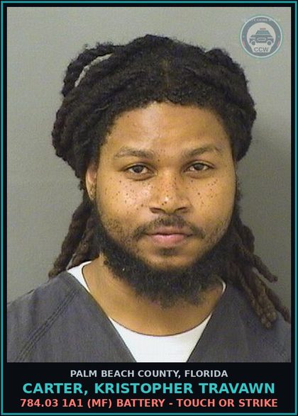 CCW arrest card for CARTER, KRISTOPHER TRAVAWN in Palm Beach County: 784.03 1A1 (MF) BATTERY - TOUCH OR STRIKE