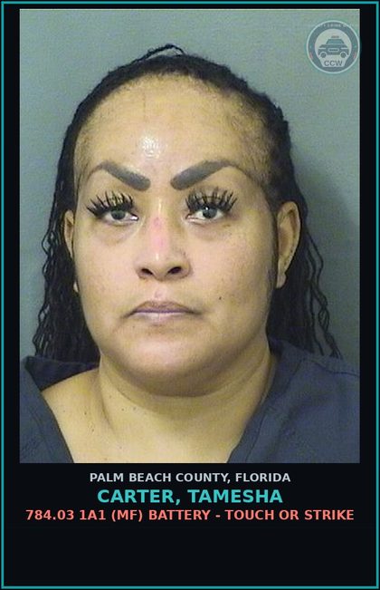 CCW arrest card for CARTER, TAMESHA in Palm Beach County: 784.03 1A1 (MF) BATTERY - TOUCH OR STRIKE