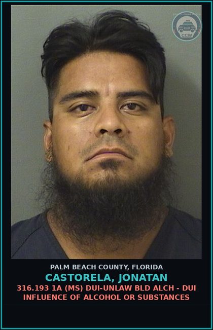CCW arrest card for CASTORELA, JONATAN in Palm Beach County: 316.193 1A (MS) DUI-UNLAW BLD ALCH - DUI INFLUENCE OF ALCOHOL OR DRUGS
