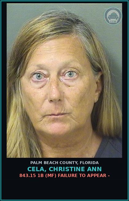 CCW arrest card for CELA, CHRISTINE ANN in Palm Beach County: 843.15 1B (MF) FAILURE TO APPEAR -