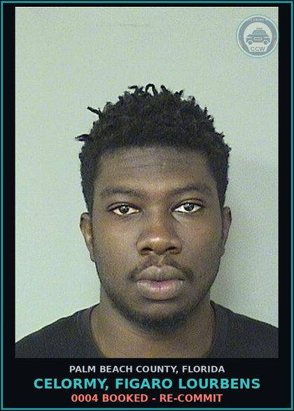CCW arrest card for CELORMY, FIGARO LOURBENS in Palm Beach County: 0004 BOOKED - RE-COMMIT