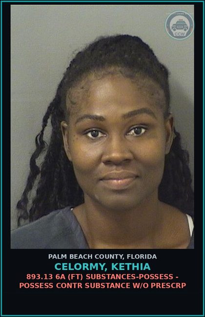 CCW arrest card for CELORMY, KETHIA in Palm Beach County: 893.13 6A (FT) DRUGS-POSSESS - POSSESS contr substance W/O PRESCRIPTION