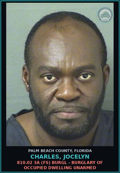 CCW arrest card for CHARLES, JOCELYN in Palm Beach County: 948.06 PROB VIOLATION -