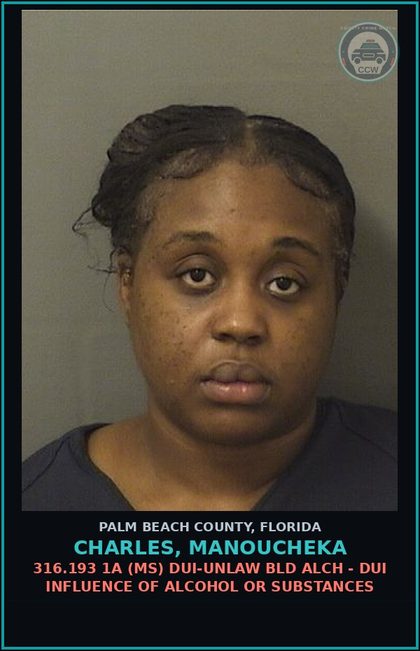 CCW arrest card for CHARLES, MANOUCHEKA in Palm Beach County: 316.193 1A (MS) DUI-UNLAW BLD ALCH - DUI INFLUENCE OF ALCOHOL OR DRUGS