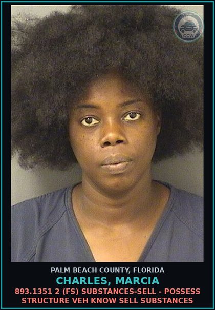 CCW arrest card for CHARLES, MARCIA in Palm Beach County: 893.1351 2 (FS) DRUGS-SELL - POSSESS STRUCTURE VEH KNOW SELL DRUGS