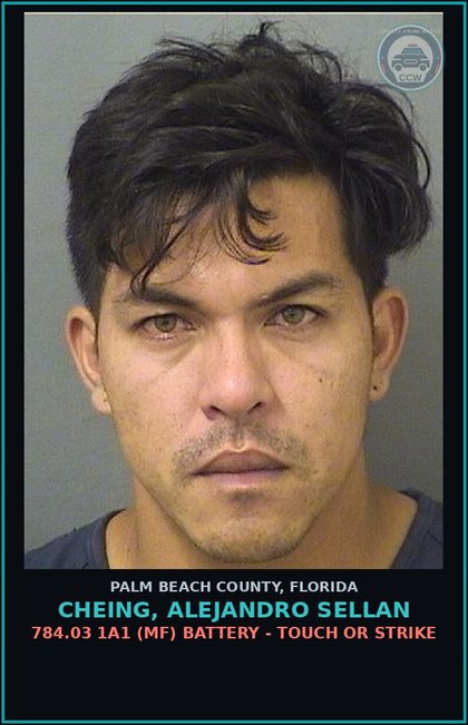 CCW arrest card for CHEING, ALEJANDRO SELLAN in Palm Beach County: 784.03 1A1 (MF) BATTERY - TOUCH OR STRIKE
